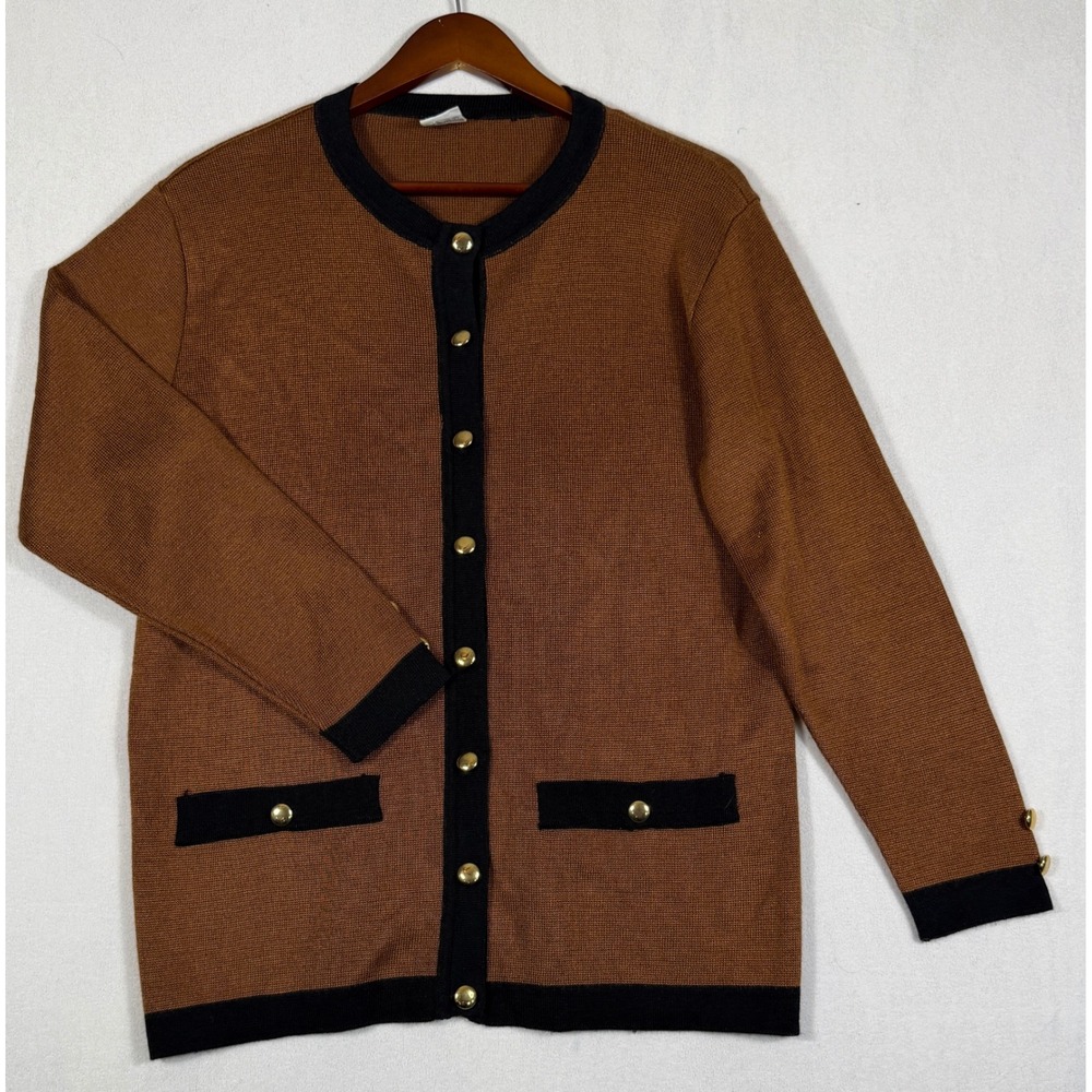 Solo Women Brown Black Knit Cardigan Gold Buttons Large Viscose Blend Trimmed